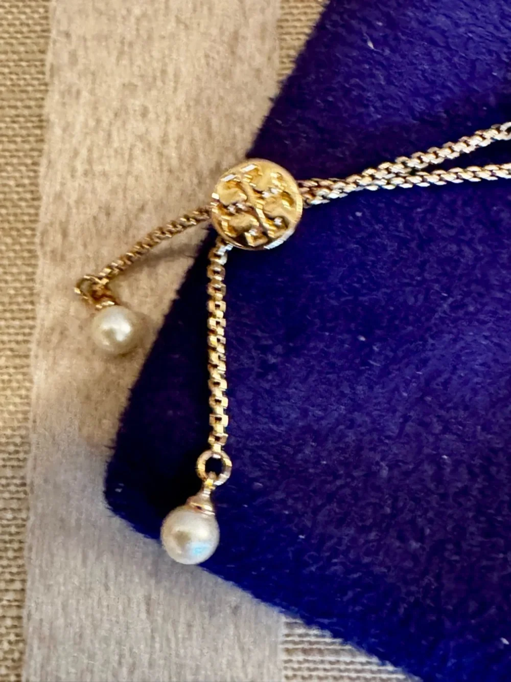 Tory Burch Gold Tone Double-Chain Bracelet with Pearl Accents - Picture 4 of 5